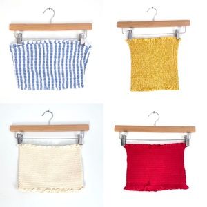 4 Pc Striped Solid Smocked Knit Ruffle Stretch Cropped Mini Strapless Tube Tops